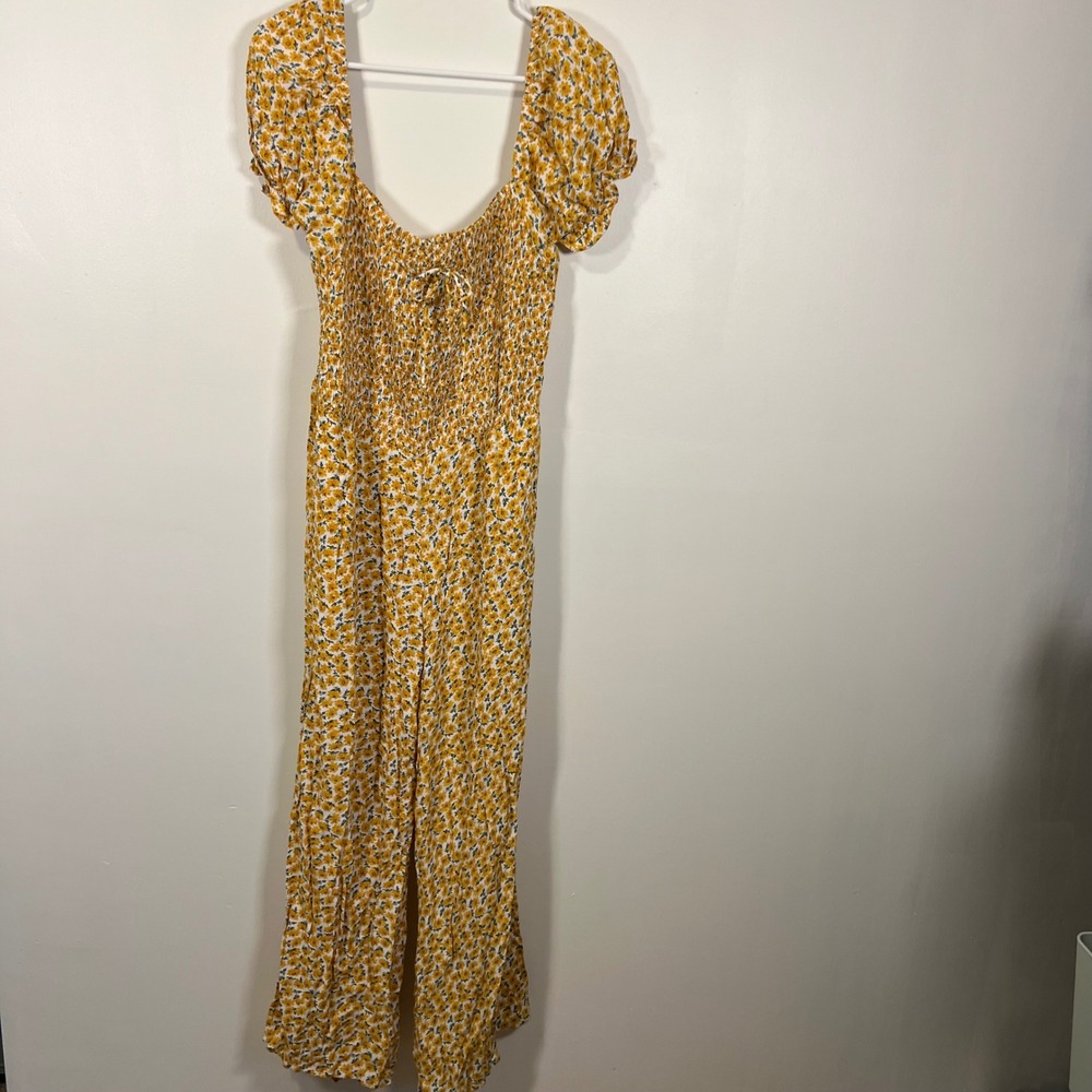 Faithfull The Brand Womens Floral Smocked Wide Leg Jumpsuit Yellow XL
